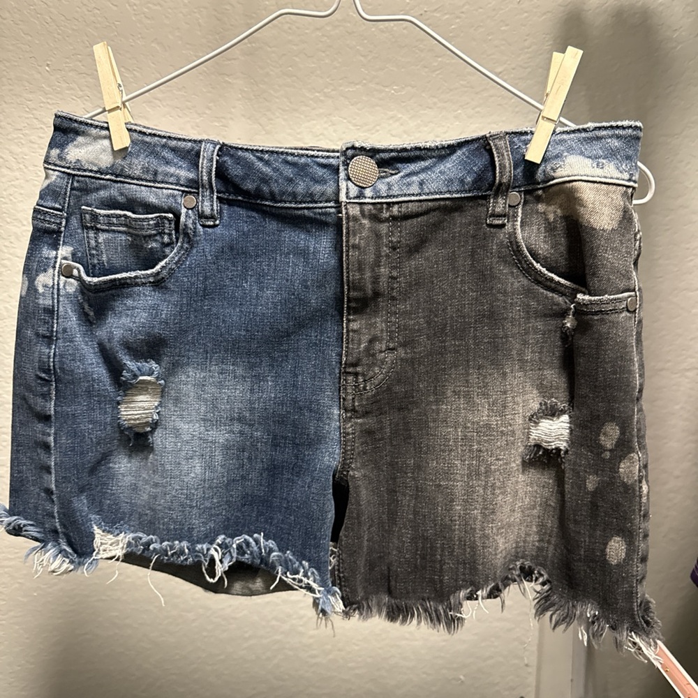 Two-Tone Distressed Denim Skirt